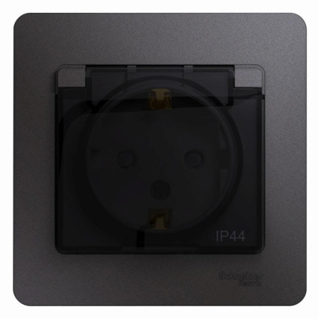 Glossa Графит Розетка с заземлением со шторками с крышкой IP44 (в сборе)