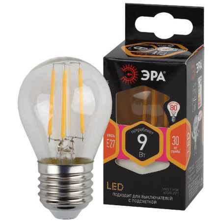 Лампа светодиодная F-LED P45-9w-827-E27 (филамент, шар, 9Вт, тепл, E27)