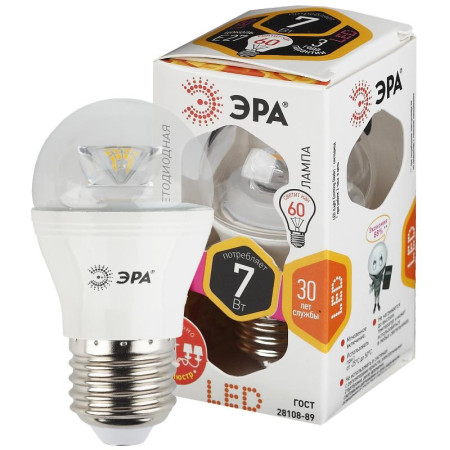 Лампа светодиодная LED P45-7W-827-E27-Clear (диод,шар,7Вт,тепл,E27)