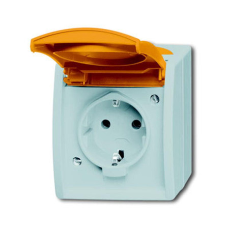Розетка SCHUKO 16А 250В IP44, для открытого монтажа, c оранжевой крышкой, серия ocean, цвет серый/сине-зелёный