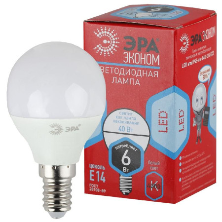 Лампа cветодиодная ECO LED P45-6W-840-E14 (диод, шар, 6Вт, нейтр, E14) (10/100/3000)