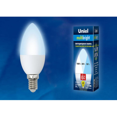 Лампа светодиодная LED-C37-6W/NW/E14/FR/MB PLM11WH LED. «свеча», матовая. Серия Multibright. 4000K 100-50-10 .