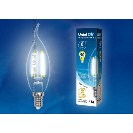 Лампа светодиодная LED-CW35-6W/NW/E14/CL GLA01TR LED. "свеча на ветру", прозр серия Air. 4000K