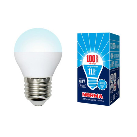 Лампа светодиодная LED-G45-11W/NW/E27/FR/NR LED. "шар", матовая. Серия Norma. 4000K