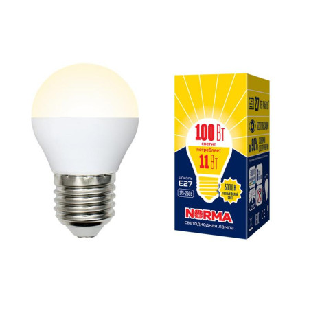 Лампа светодиодная LED-G45-11W/WW/E27/FR/NR LED. "шар", матовая. Серия Norma. 3000K