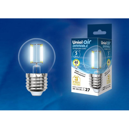 Лампа светодиодная LED-G45-5W/NW/E27/CL/DIM GLA01TR LED диммируемая. "шар", прозр серия Air. 4000K