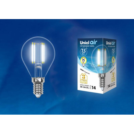 Лампа светодиодная LED-G45-7,5W/NW/E14/CL GLA01TR LED. "шар", прозр серия Air. 4000K
