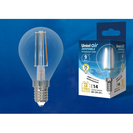 Лампа светодиодная LED-G45-9W/4000K/E14/CL/DIM GLA01TR LED диммируемая. "шар", прозр серия Air. 4000K