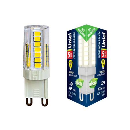 Лампа светодиодная LED-JCD-5W/3000K/G9/CL GLZ09TR LED, прозр 3000К