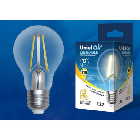Лампа светодиодная LED-A60-12W/3000K/E27/CL/DIM GLA01TR LED диммируемая. "груша" прозр серия Air. 3000K