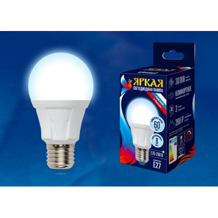 Лампа светодиодная LED-A60 8W/DW/E27/FR PLP01WH LED. "груша", матовая. серия Яркая, пр-во Россия, 6500K