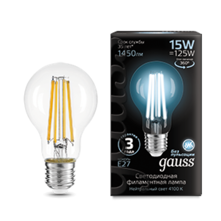 Лампа светодиодная Filament А60 15W 1450lm 4100К Е27 LED 1/10/40