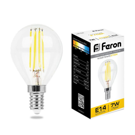 Лампа светодиодная LB-52 (7W) 230V E14 2700K филамент G45 прозрачная