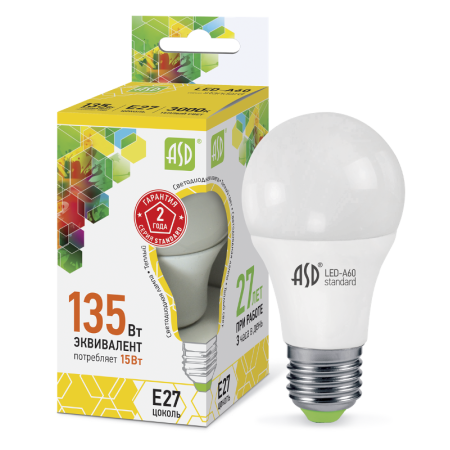 Лампа светодиодная LED-A60-standard 15Вт 230В Е27 3000К 1350Лм