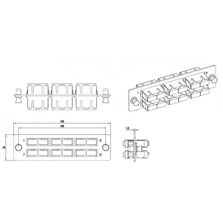 Панель FO-FPM-W120H32-6DSC-BL для FO-19BX с 6 SC (duplex) адаптерами, 12 волокон, одномод, 120x32 мм, адаптеры цвета синий (blue