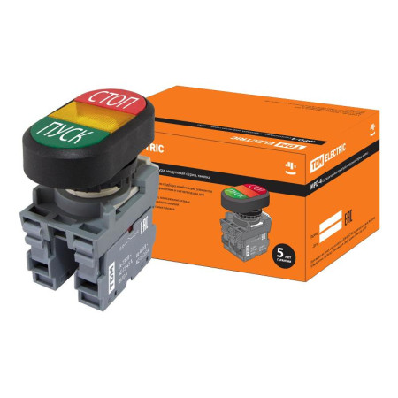 Кнопка двойная MPD4-11Y (зеленая/красная) (LED) в сборе d22мм/24В (ПУСК/СТОП) линза желтая