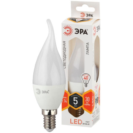 Лампа светодиодная LED BXS-5W-827-E14 ЭРА (диод, свеча на ветру, 5Вт, тепл, E14)