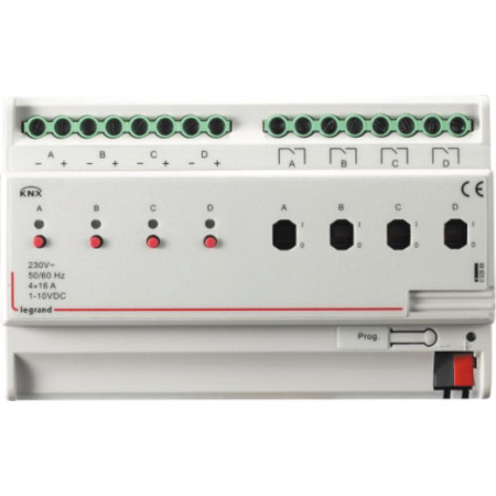 KNX. Контроллер освещения 4 канала 1-10В/4 канала реле 16А. DIN 8 модулей.