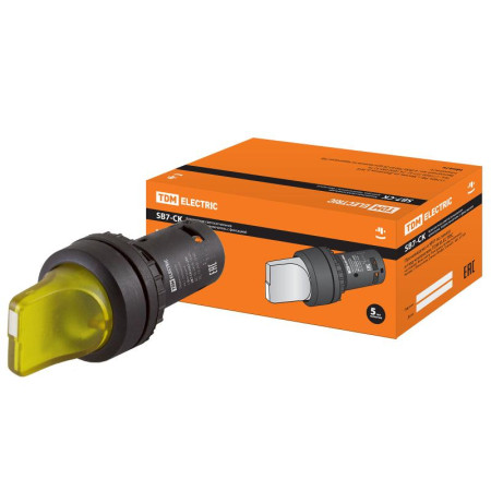 Переключатель на 2 положения с фиксацией SB7-CK2561-24V короткая ручка(LED) d22мм 1з желтый