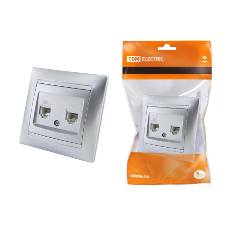 Розетка телефонная RJ11 + компьютерная RJ45 серебр. металлик "Лама"