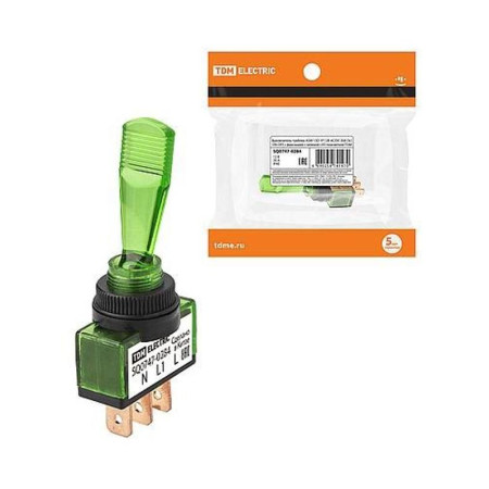 Выключатель-тумблер ASW-13D 1P 12В AC/DC 20А (3c) ON-OFF с фиксацией с зеленой LED подсветкой