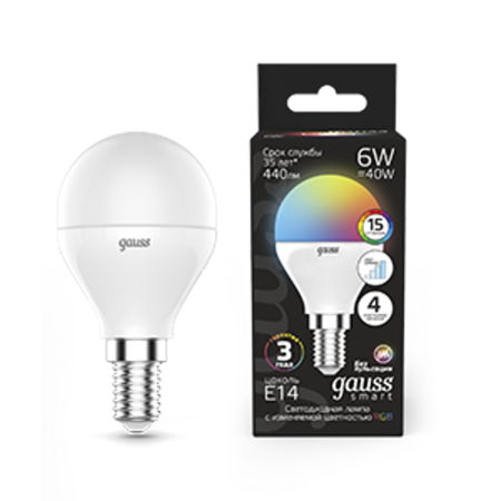 Лампа светодиодная Smart LED Шар G45 6W E14 RGBW+dim 1/10/100