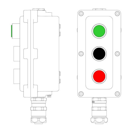 Взрывонепроницаемый пост управления из алюминия LCSD-03-B-MB-L1G(220)x1-P1B(11)x1-P1R(11)x1-PBMB-ANP15BMB