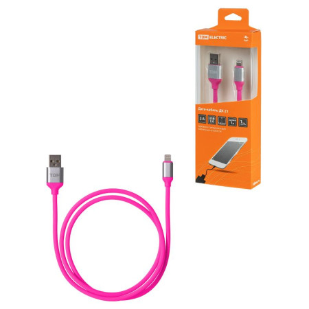 Дата-кабель, ДК 21, USB - Lightning, 1 м, силиконовая оплетка, розовый,