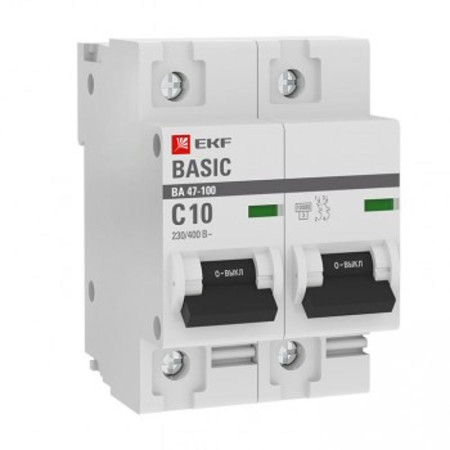 Выключатель автоматический двухполюсный 2P 10А (C) 10kA ВА 47-100 EKF Basic