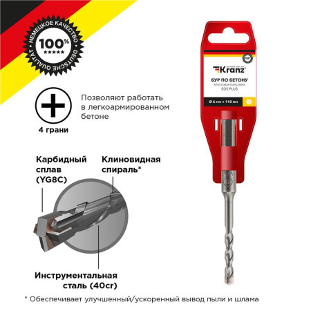 Бур по бетону 6x110x50 мм крестовая пластина