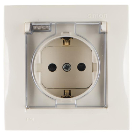 Simon 15 Сл. кость Розетка с/з Schuko со шторками, с крышкой, IP44, 16А 250В, винт. зажим