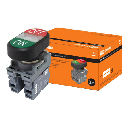 Кнопка двойная MPD3-11С (зеленая/красная) (LED) в сборе d22мм/220В (ON/OFF)  линза прозрачная