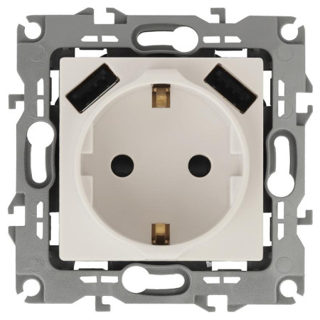12-4109-02 Розетка 2P+E 16A-250В, штор. с 2xUSB 5В-3А, 12, слоновая кость (10/100/2000)