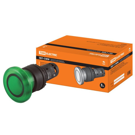 Кнопка грибовидная SB7-CWM31-220V(LED) d35мм 1з зеленая