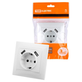 Розетка 2П+З 16А 250В + 2 USB порта 2,1А 5В белая "Лама"