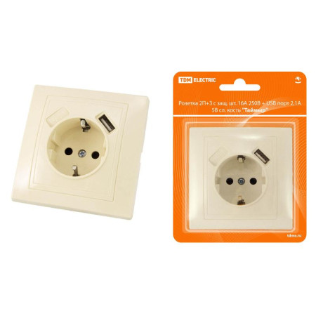 Розетка 2П+З с защ. шт. 16А 250В + USB порт 2,1А 5В сл. кость "Таймыр"